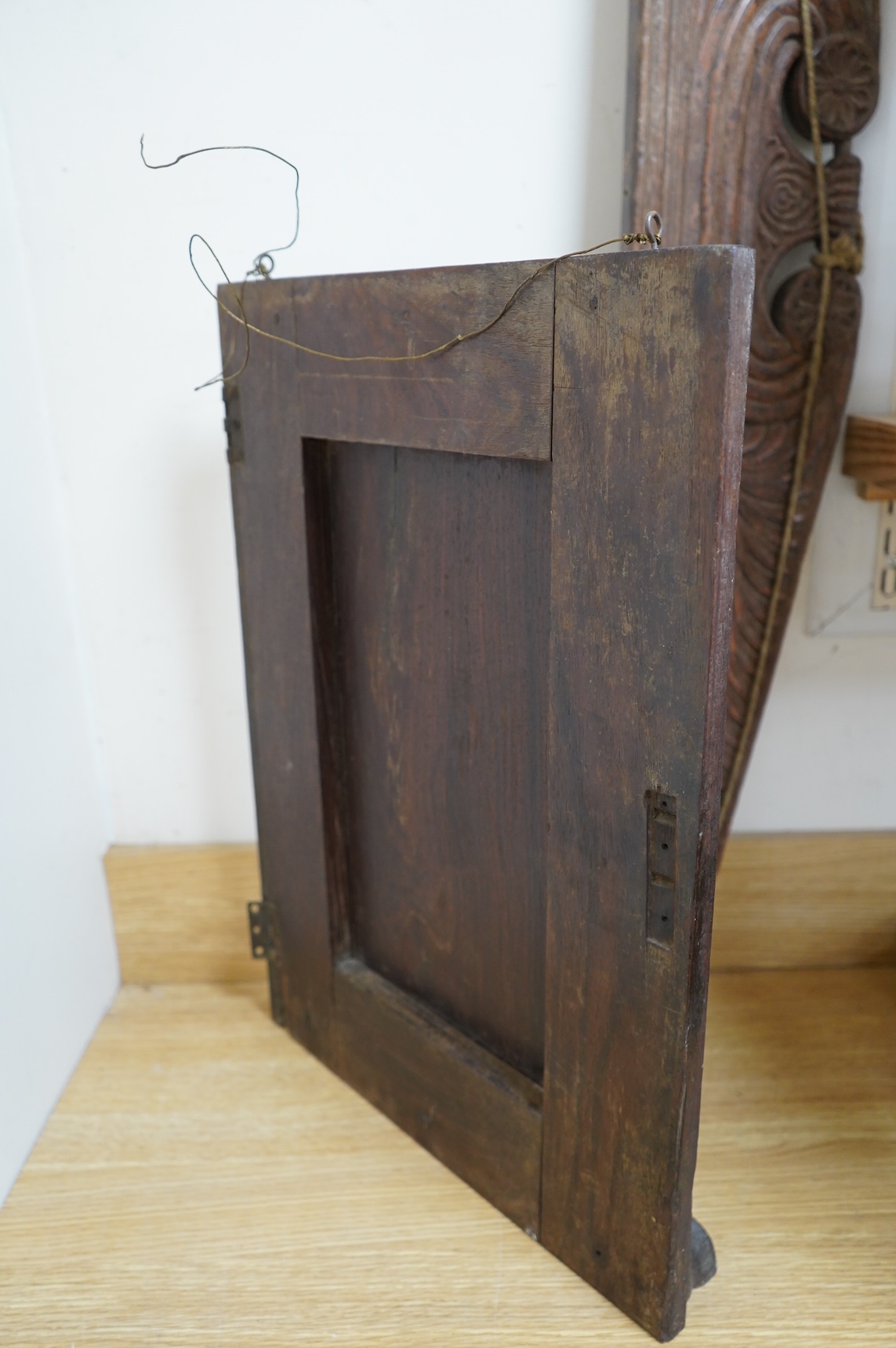 An Anglo-Indian carved wood crest and a similar door portico, latter 127cm in length